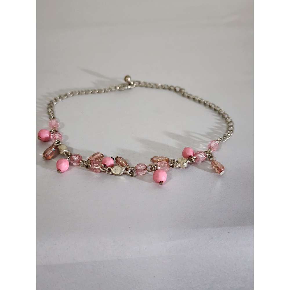Silver Tone Pink Peach Glass Bead Dangle Charm Anklet Adjustable Chain
